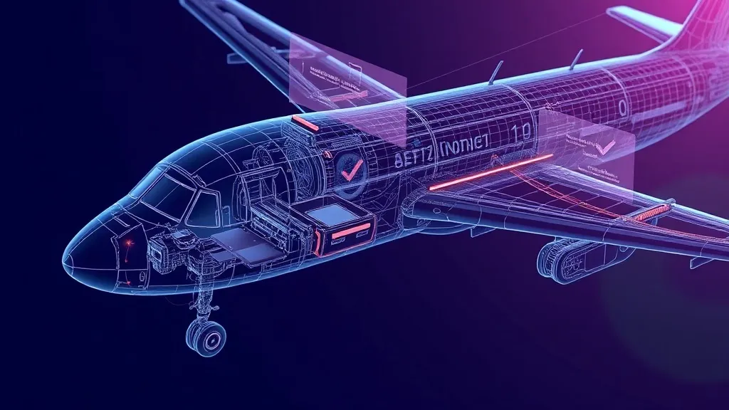 A CAD model of an aircraft part with overlaid digital verification markers representing automated design checking.