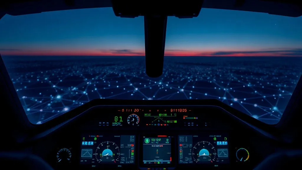 Abstract image of a cockpit panel with a faint network of light overlaid on the horizon, suggesting an AI decision layer inside the aircraft.