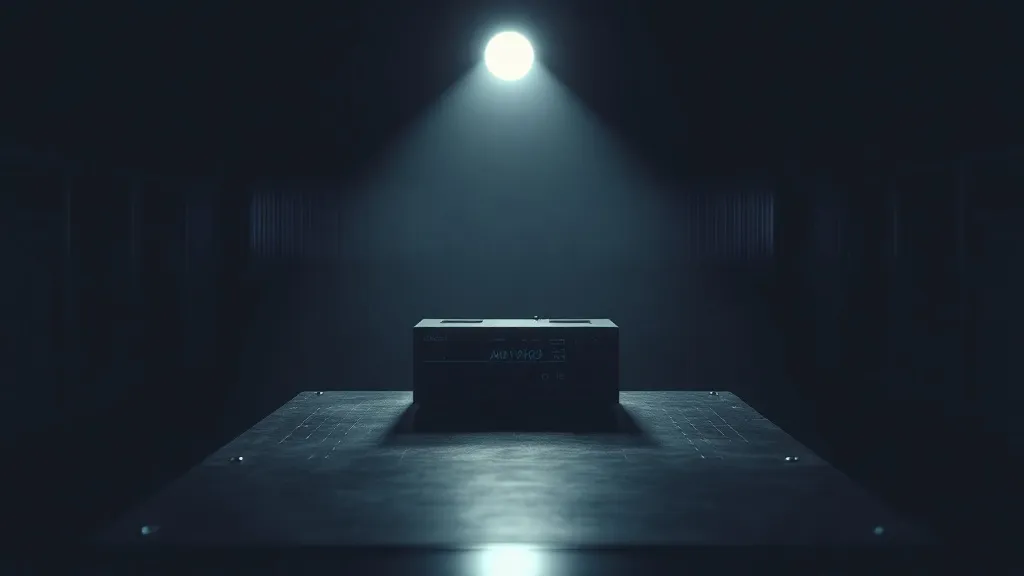 A flight data recorder sits isolated under a single light in an otherwise dark hangar, symbolizing incident data without an investigative process around it.