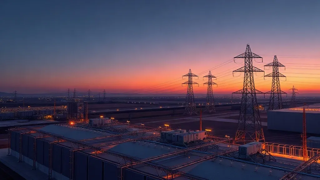 Wide shot of an industrial facility with on-site generation, storage, and transmission infrastructure converging at dusk.