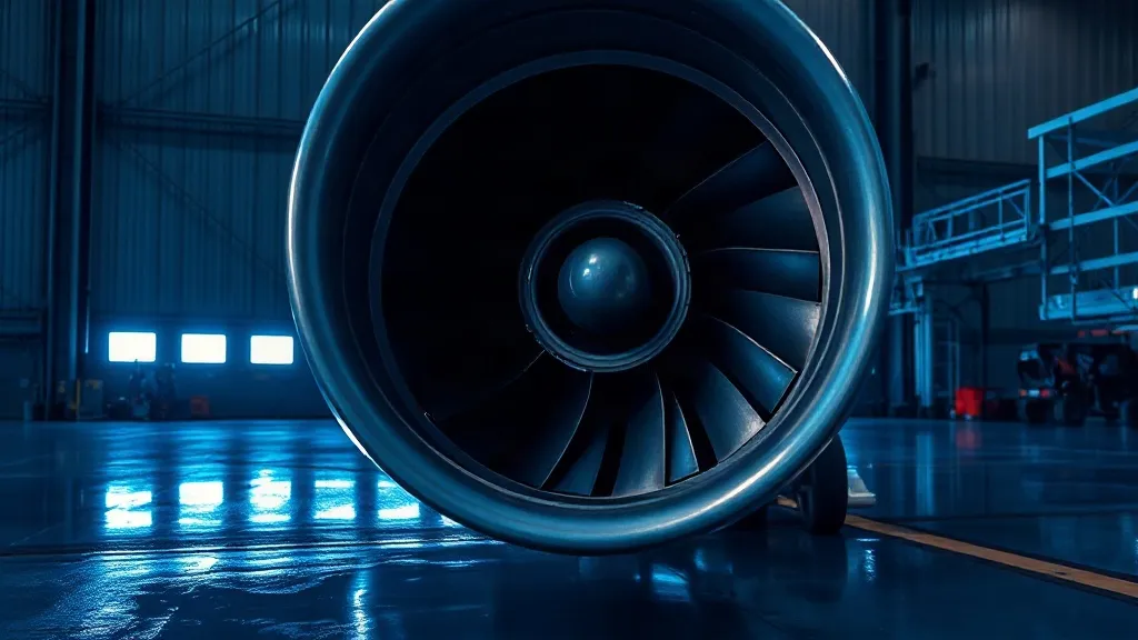 A jet engine turbine blade under inspection lighting inside an aviation maintenance hangar.