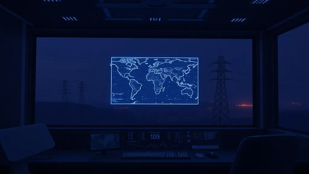 An unattended control room where a holographic grid map floats above equipment, suggesting automated control of power infrastructure with no operator present.