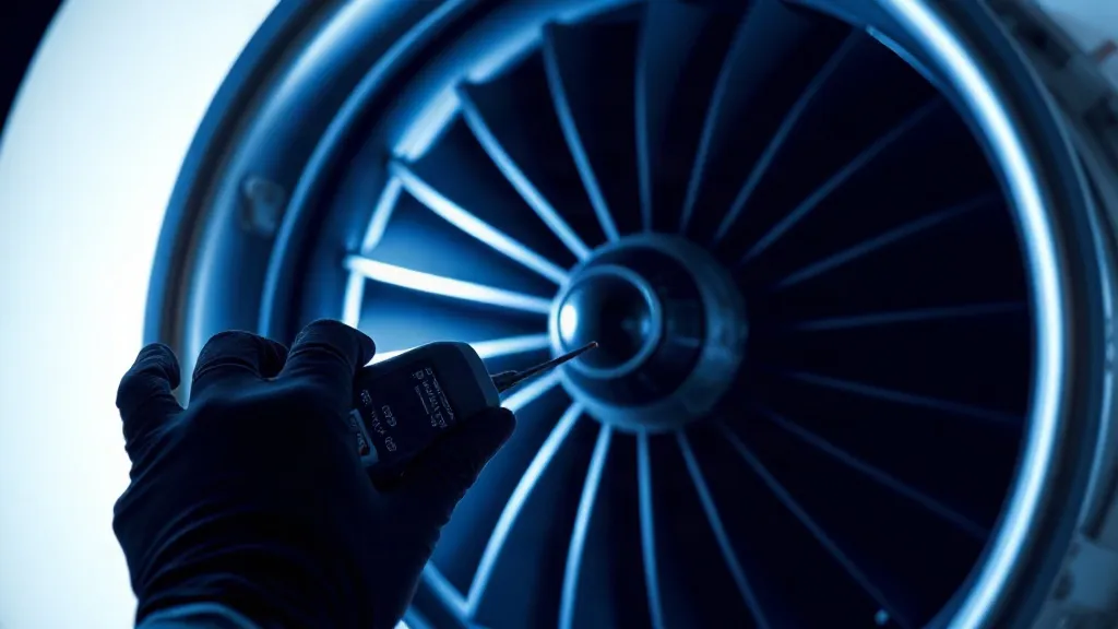 A technician inspects a turbine blade with a handheld diagnostic sensor under cool inspection lighting.