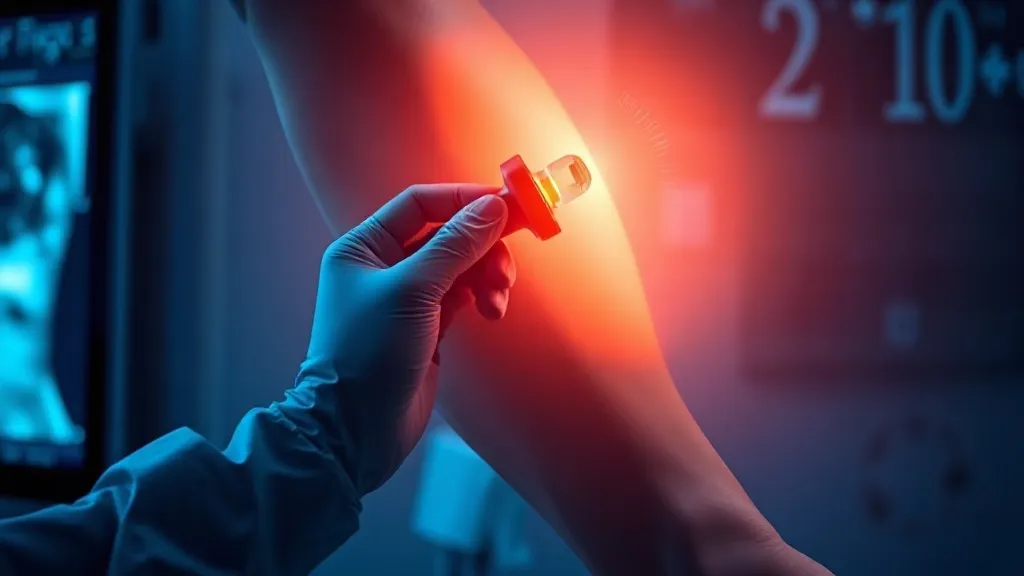 A clinician's hand guided by a soft light overlay while holding an ultrasound probe during a vascular scan.