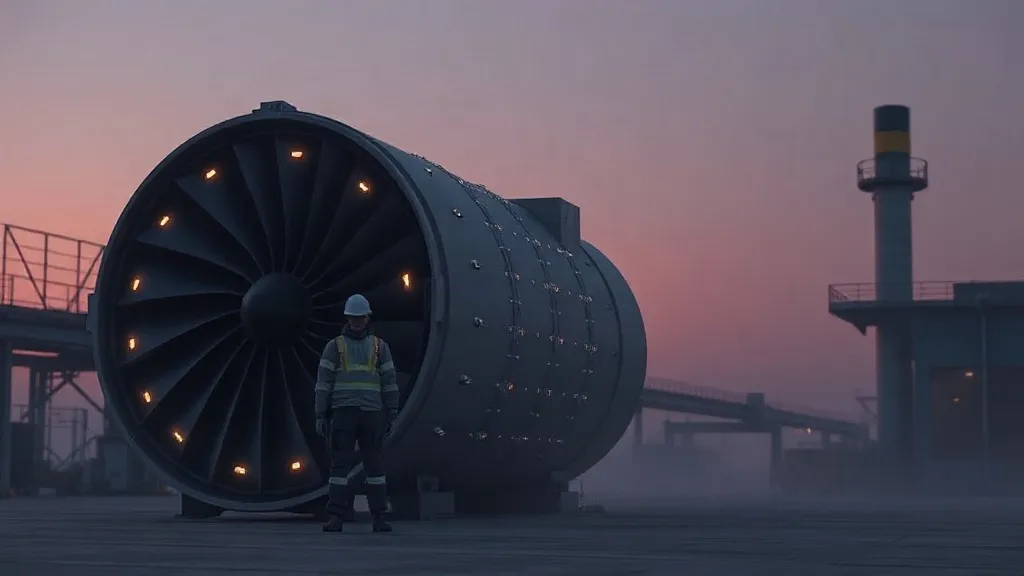 A safety technician stands beside an industrial turbine covered in glowing sensor lights at dusk.