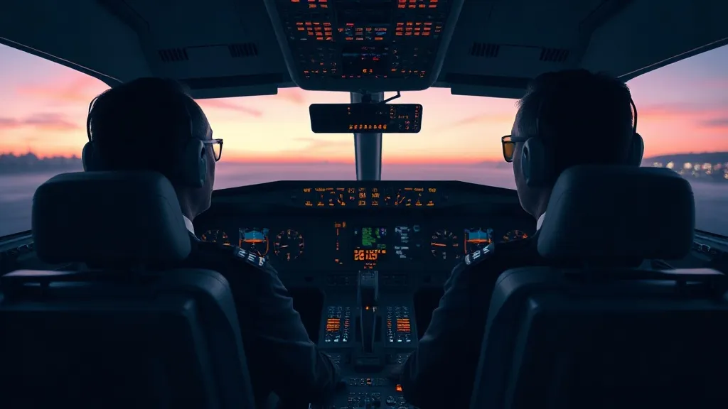 Cockpit interior of a commercial jet during a low-light landing approach, instrument glow lighting the flight deck.