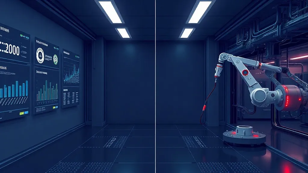 Split image of a governance dashboard and an industrial control floor connected by a single cable, representing the gap between AI management certification and physical safety systems.