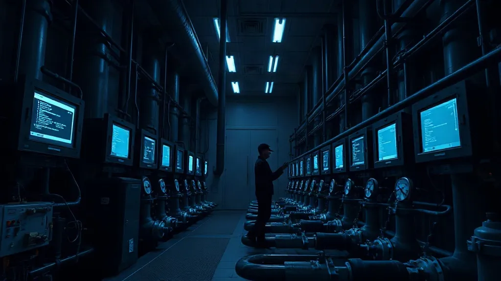 An engineer inspects an industrial control system at night, lit by blue instrument light, in a facility with pipes and gauges.