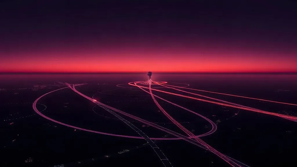 Aerial view of converging flight paths above a darkened landscape suggesting automated airspace coordination.