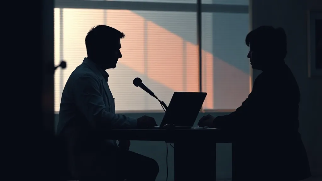 A quiet clinical consultation room with an ambient listening device on the desk between a clinician and patient.