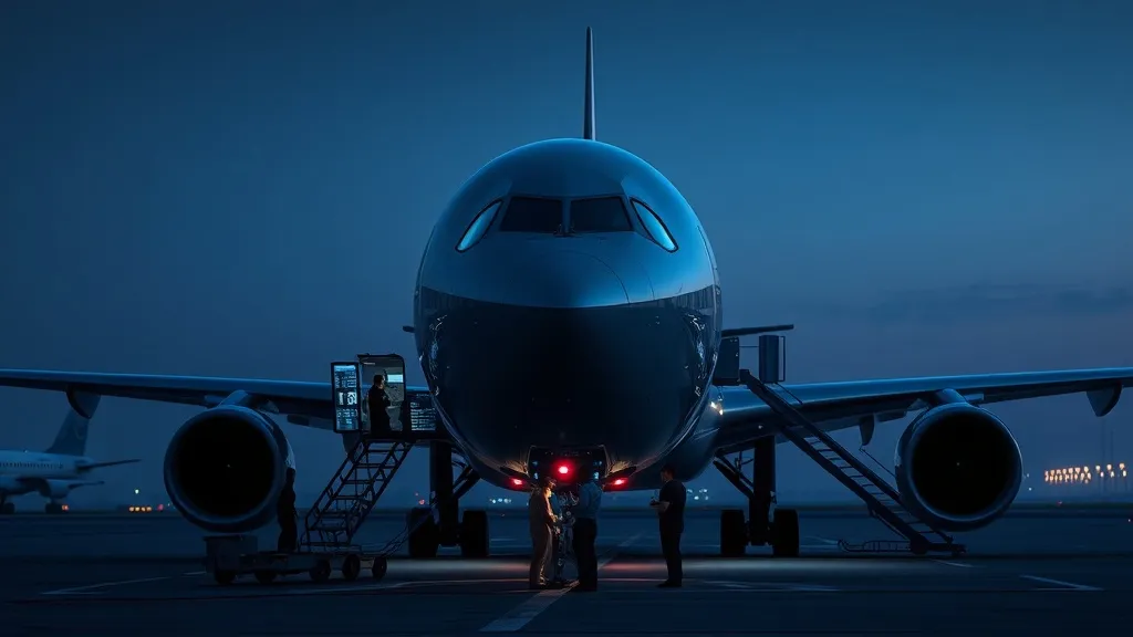 A cargo freighter aircraft on the tarmac with its avionics bay open for inspection, cockpit lit with a faint blue data overlay.