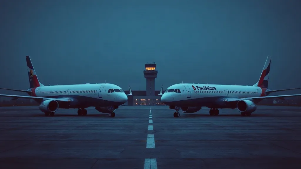 Two aircraft from different countries parked on either side of a tarmac boundary line at dusk, symbolizing unresolved cross-border certification recognition.