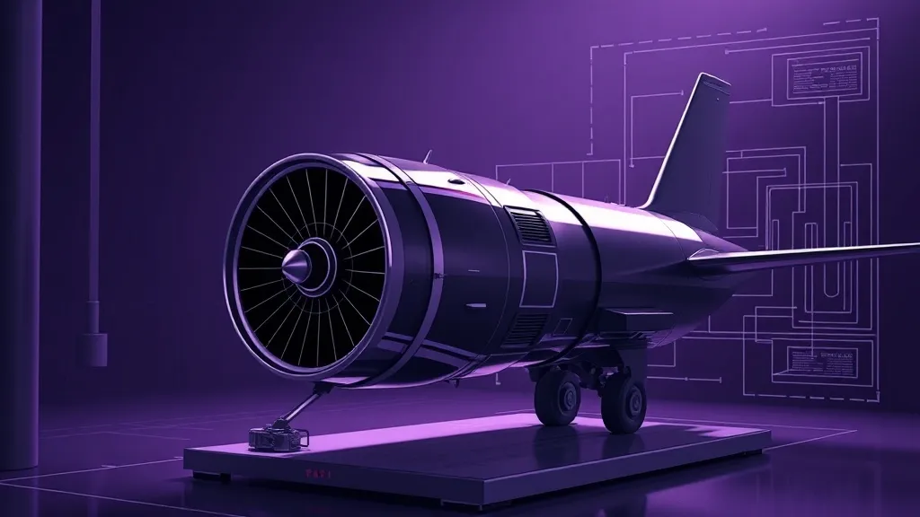 A jet turbine engine under inspection lighting on a test stand, evoking aerospace certification.