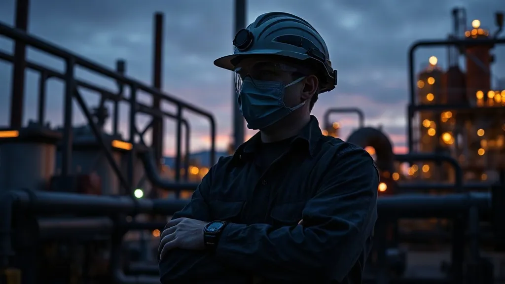 An industrial worker wearing biometric safety sensors near refinery equipment at dusk.