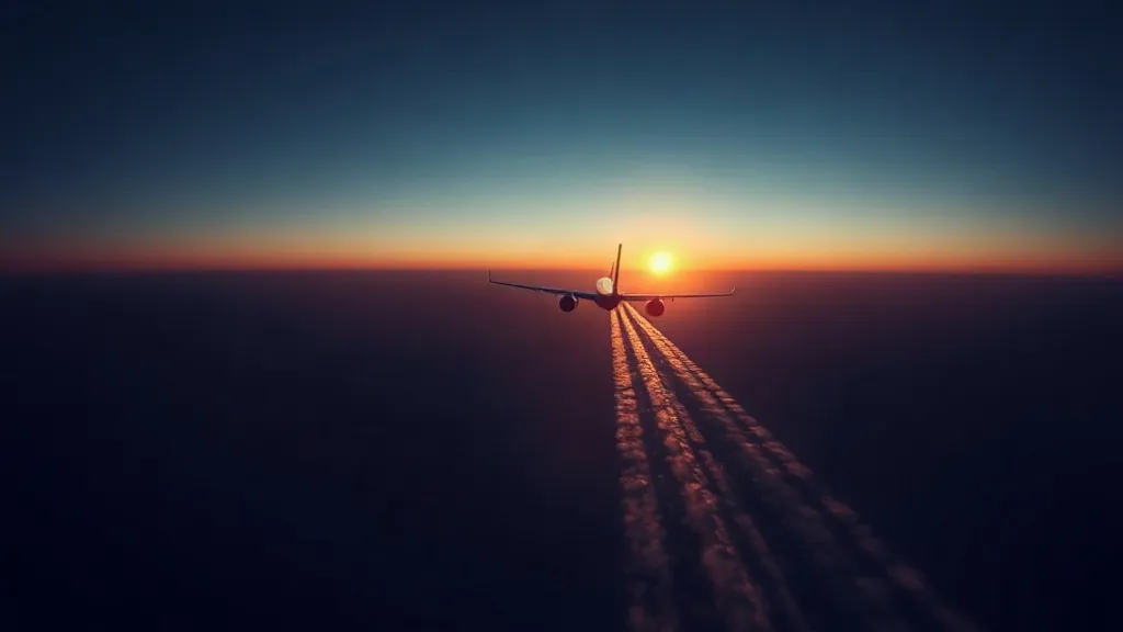 An aircraft contrail fading over open ocean beneath a satellite's-eye view of the sky