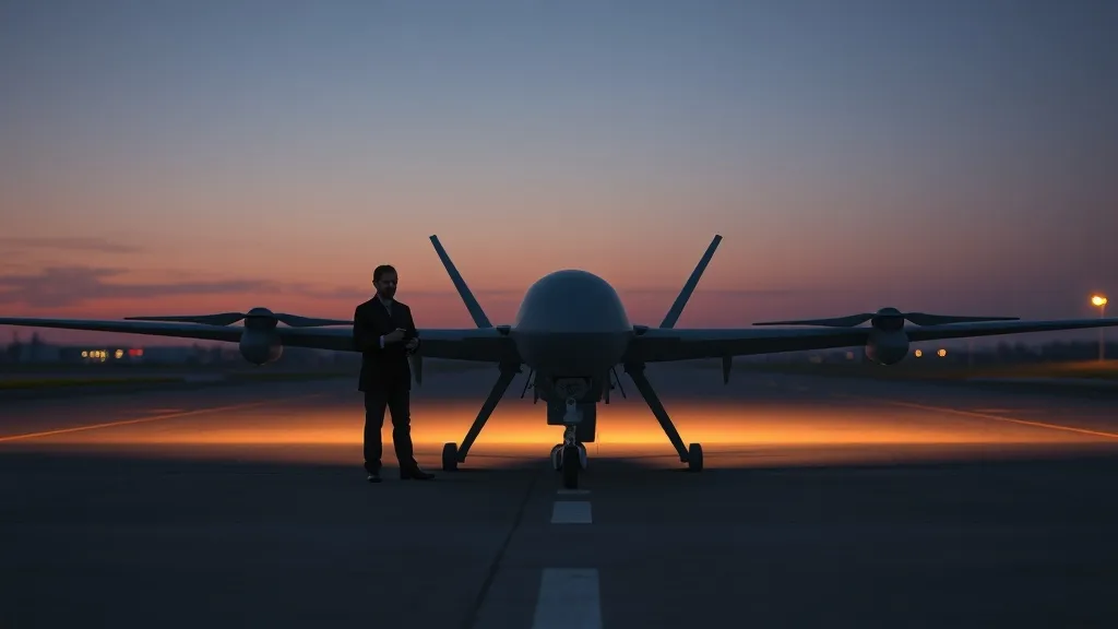 A UAV on a floodlit airfield at dusk with a single technician inspecting it, no regulatory or agency presence visible.