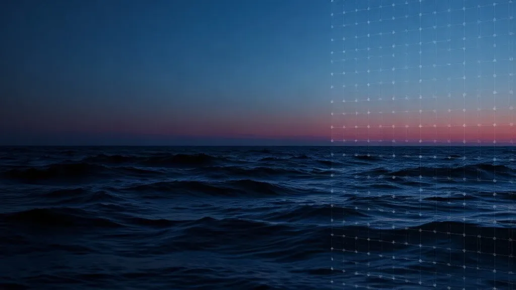 Ocean waves overlaid with a faint digital wireframe pattern symbolizing an AI-driven simulation model