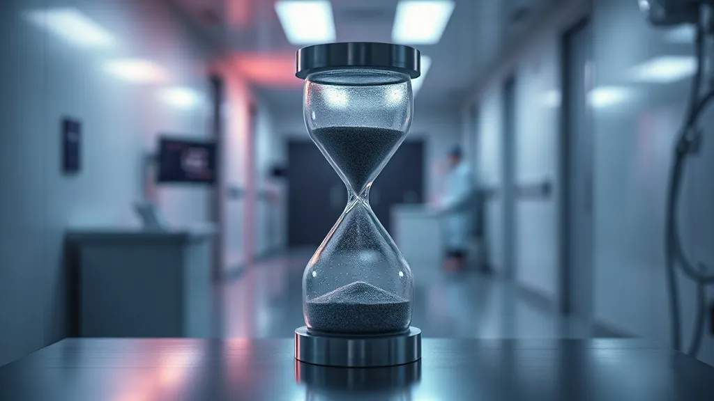 An hourglass on a steel table in a dim clinical corridor, sand falling, symbolizing a regulatory countdown for medical device AI.