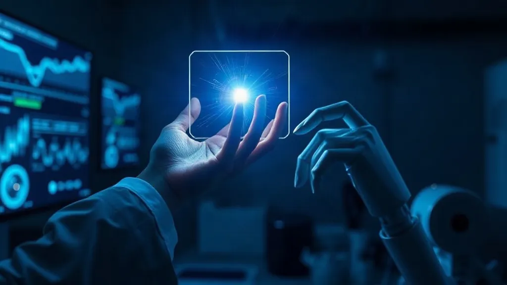 Abstract photograph of light flowing between a human hand and a robotic diagnostic arm, symbolizing continuous oversight of AI in medicine.