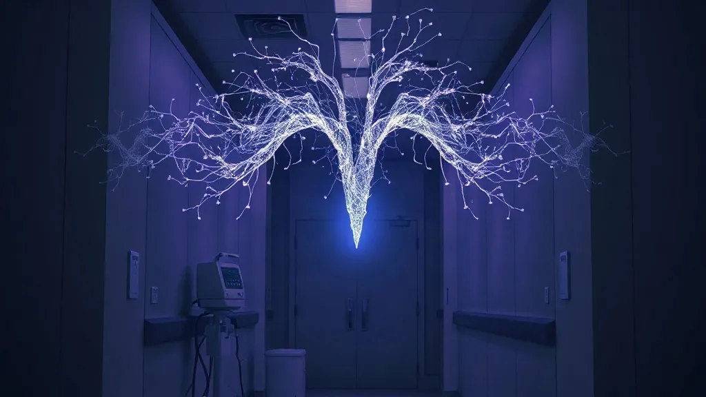 Abstract branching light structure over medical equipment representing two diverging regulatory pathways for AI devices.