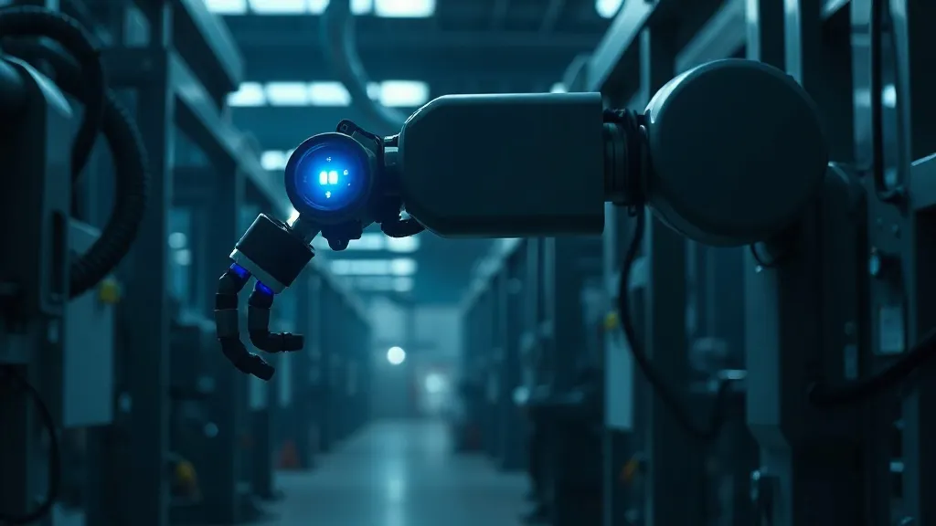 A dimly lit factory robotic arm with a softly glowing control unit, suggesting embedded AI hidden within industrial equipment.