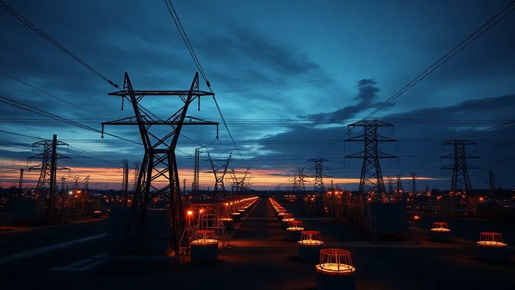 A power substation at dusk with transmission lines stretching toward distant illuminated data centers.