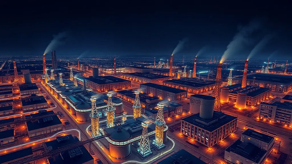 Aerial view of a data center campus at dusk with power lines and cooling infrastructure converging around it.