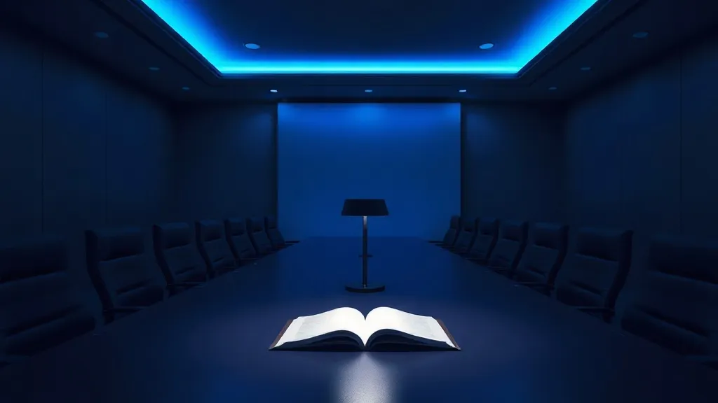 A single illuminated notebook on an empty conference table surrounded by rows of unlit chairs, evoking one voice claiming authority in an otherwise quiet room.