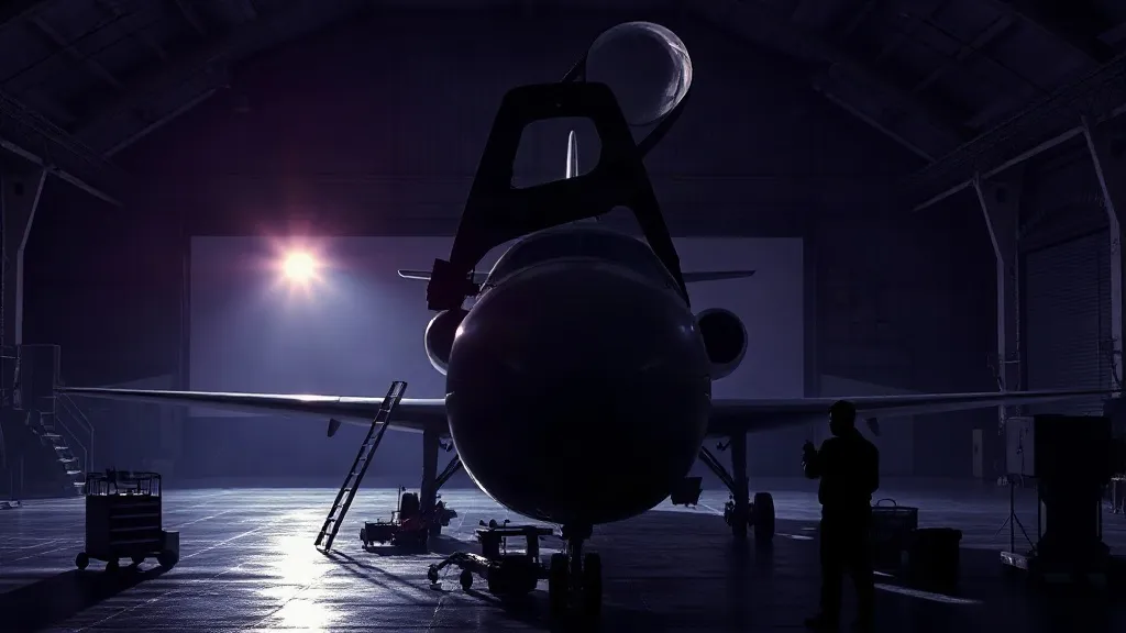 A technician works on an open aircraft engine in a dimly lit hangar, illustrating AI's growing role in maintenance operations away from the cockpit.