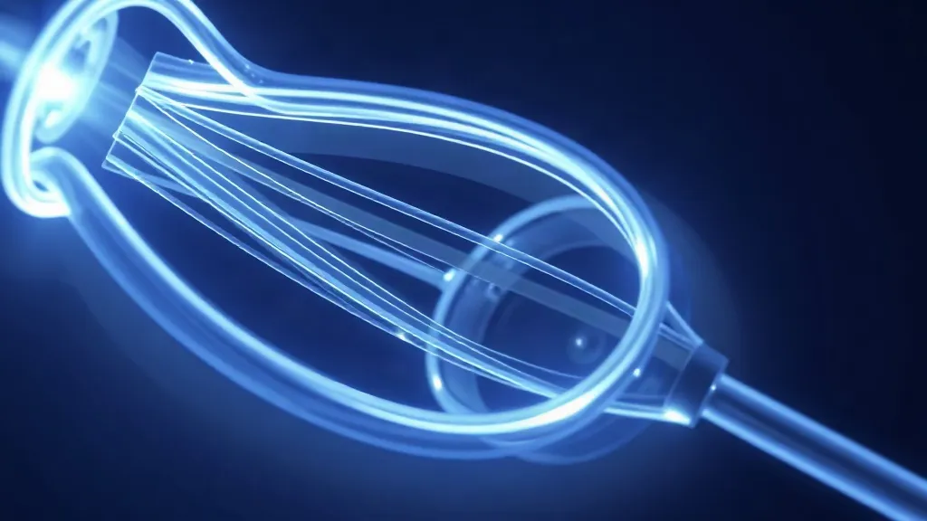 Abstract image of translucent layered light pathways flowing through a stethoscope-like conduit, symbolizing adaptive AI decision paths in a clinical setting
