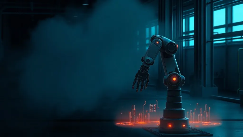An industrial robotic arm operating in a dusty factory environment with faint sensor tracking overlays.