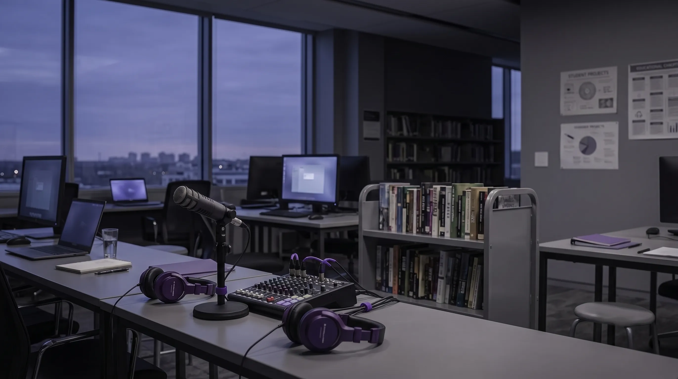 Students working at computers in a bright, modern classroom