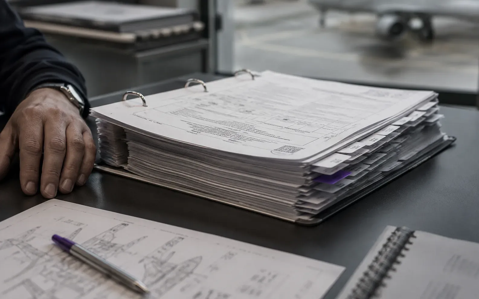 A tabbed regulatory binder open on a desk