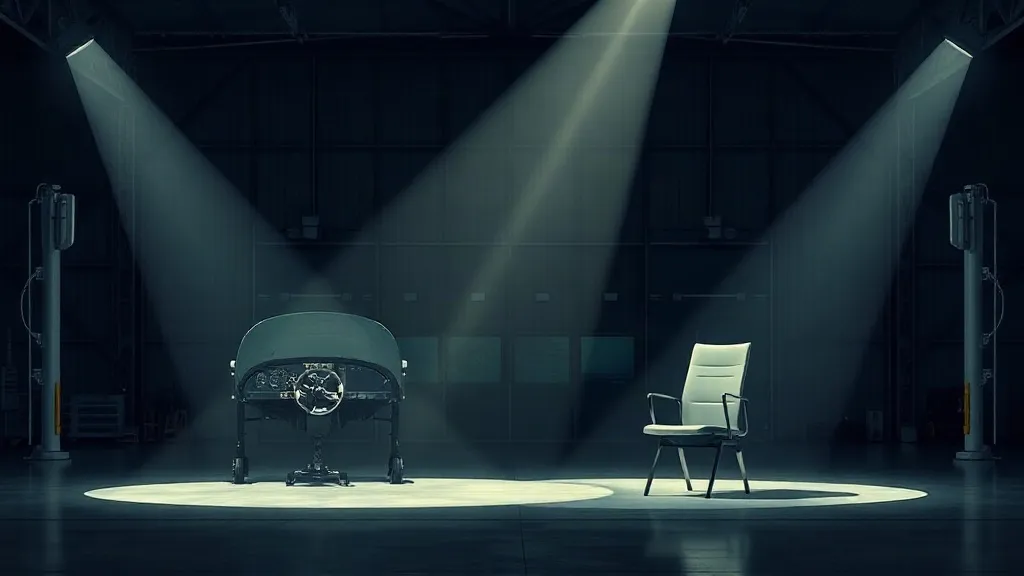 Two crossing beams of light in a dark hangar, one on a control surface and one on an empty chair, representing two separate assurance questions in aviation AI safety.