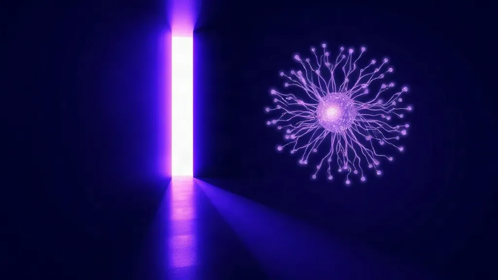Two diverging paths of light, one narrow and bounded and one diffuse and branching, symbolizing split regulatory tracks for medical AI