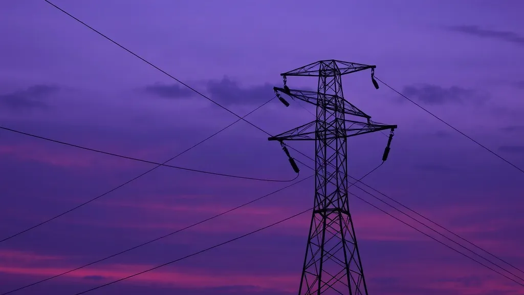 A transmission tower against a dusk sky with abstract circuit patterns suggesting the overlay of AI systems on grid infrastructure.