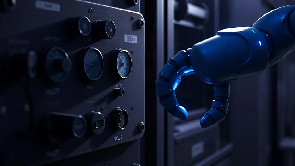 An old analog industrial control panel sits beside a modern robotic arm joint, symbolizing the handoff from human-verified controls to machine protocol.